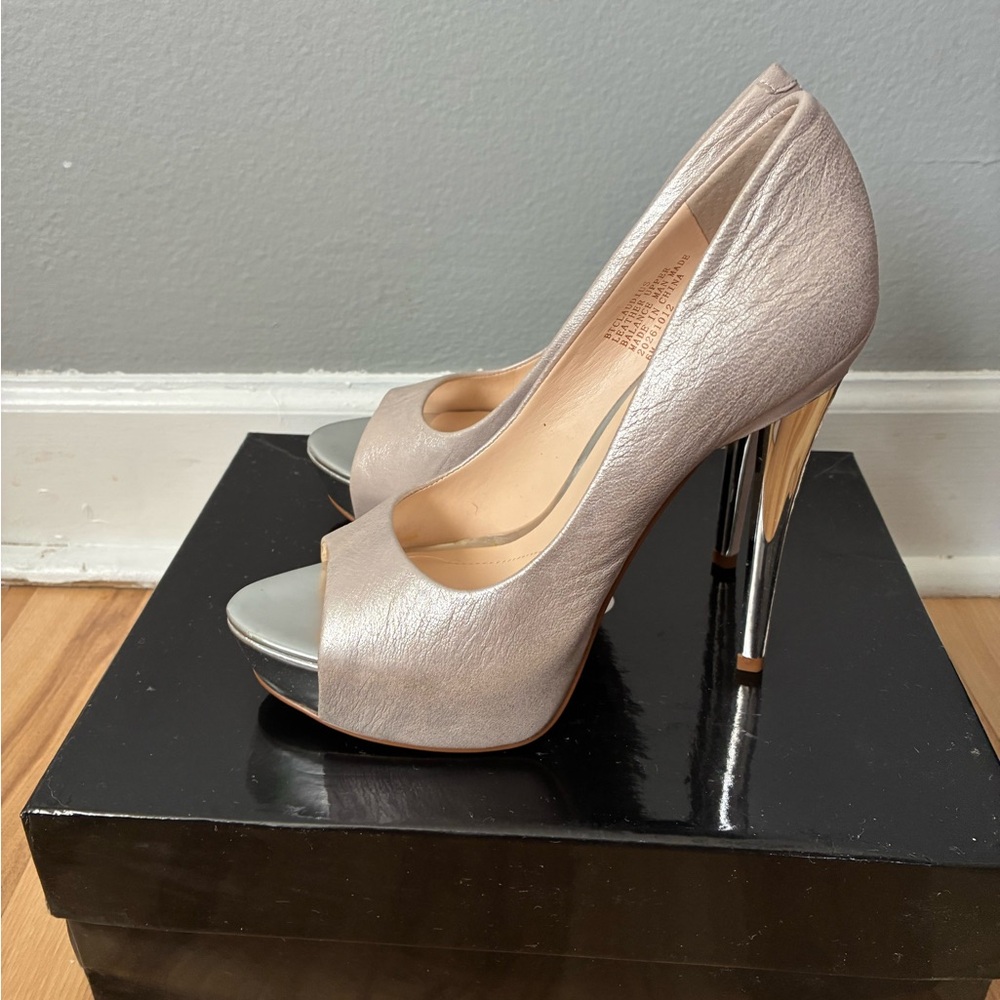 Boutique 9 Metallic Peep-Toe Heels in Blush